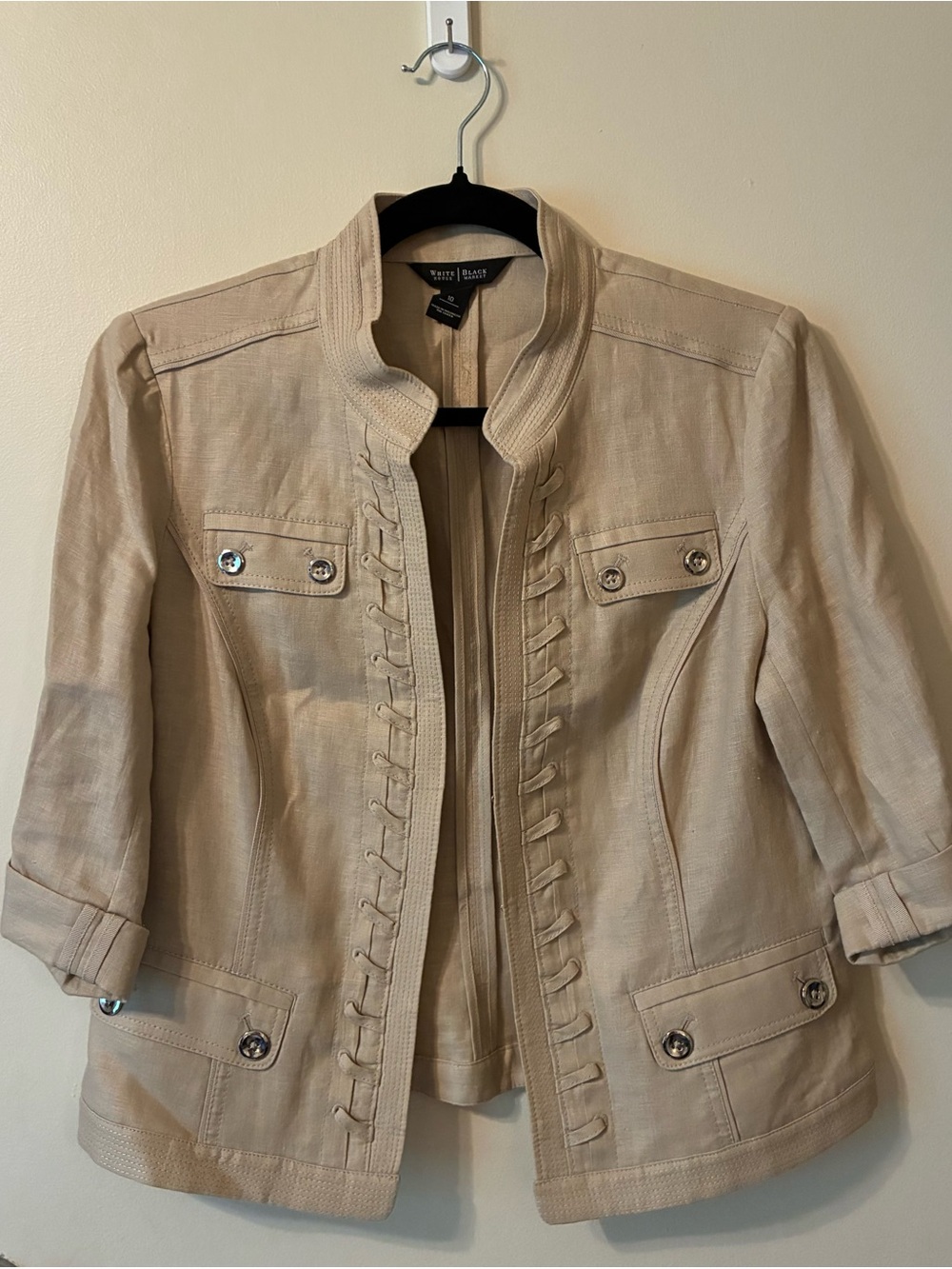 White House Black Market Linen Military Style Blazer Jacket 3/4 Sleeve Beige Tan - Picture 3 of 12